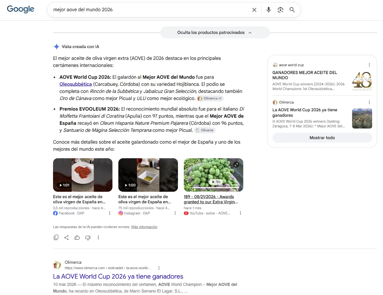 Captura histórica de Google con resultados de AOVE WORLD CUP y referencias visibles al concurso y a Olimerca